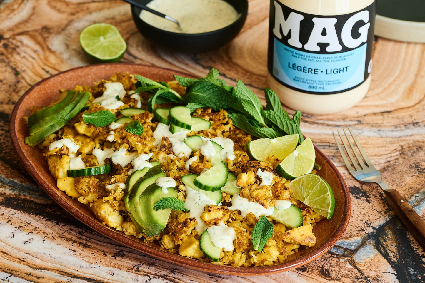 Riz croustillant au tofu et à la noix de coco, avec mayonnaise à la lime et à la menthe