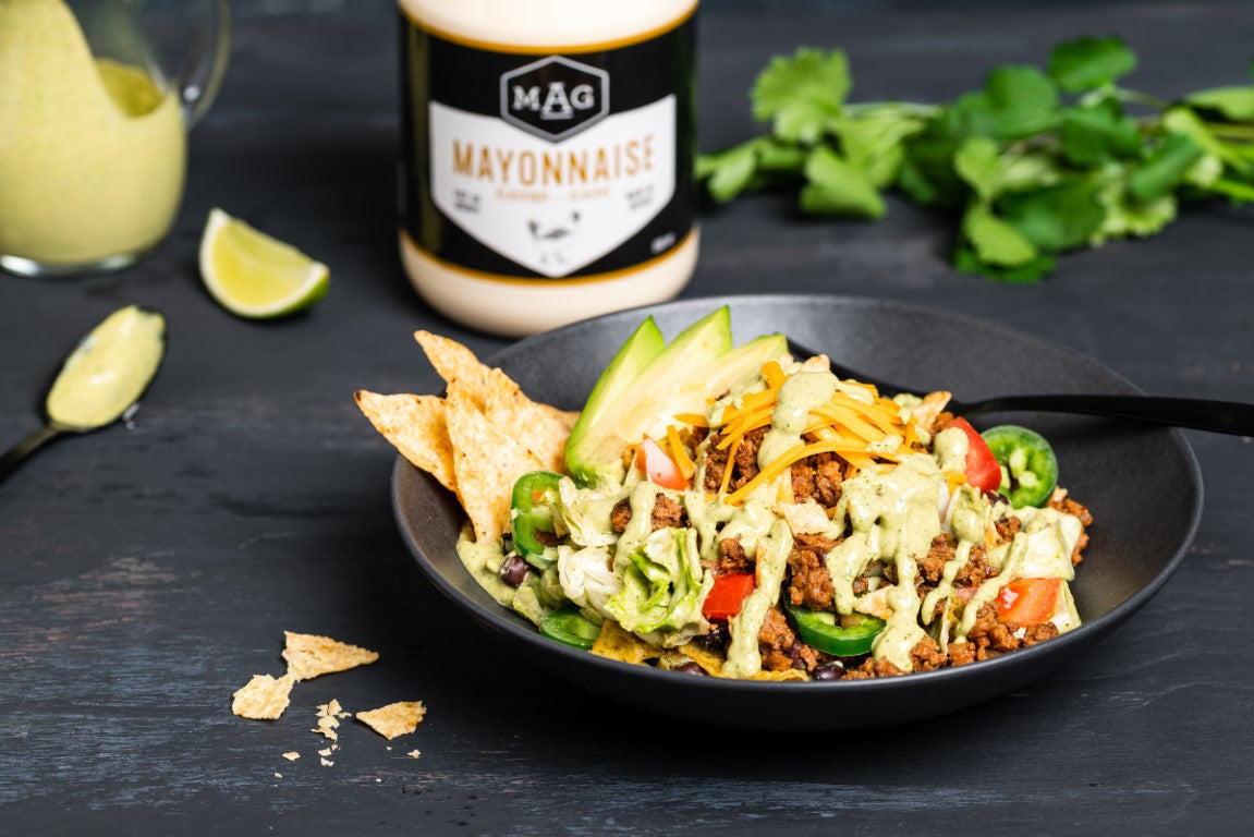 Bol de salade tacos et vinaigrette crémeuse à l’avocat